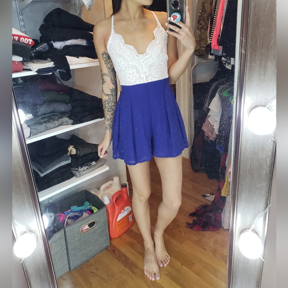 White and blue lace crochet romper